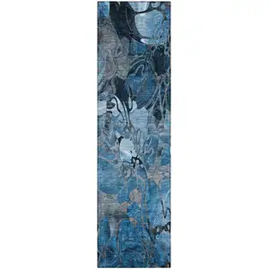 Photo of 8' Runner Blue and Gray Floral Washable Non Skid Indoor Outdoor Runner Rug