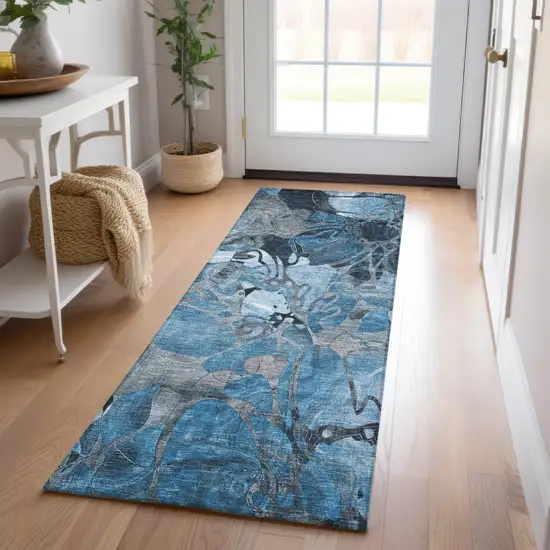 Blue and Gray Abstract Washable Indoor Outdoor Runner Rug Photo 8
