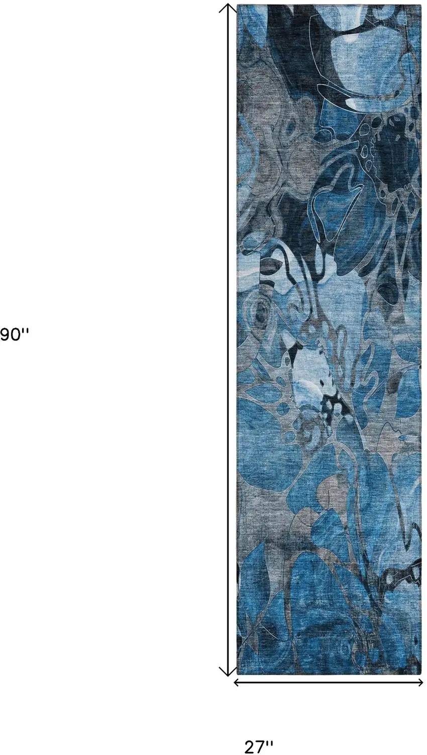 Blue and Gray Abstract Washable Indoor Outdoor Runner Rug Photo 3