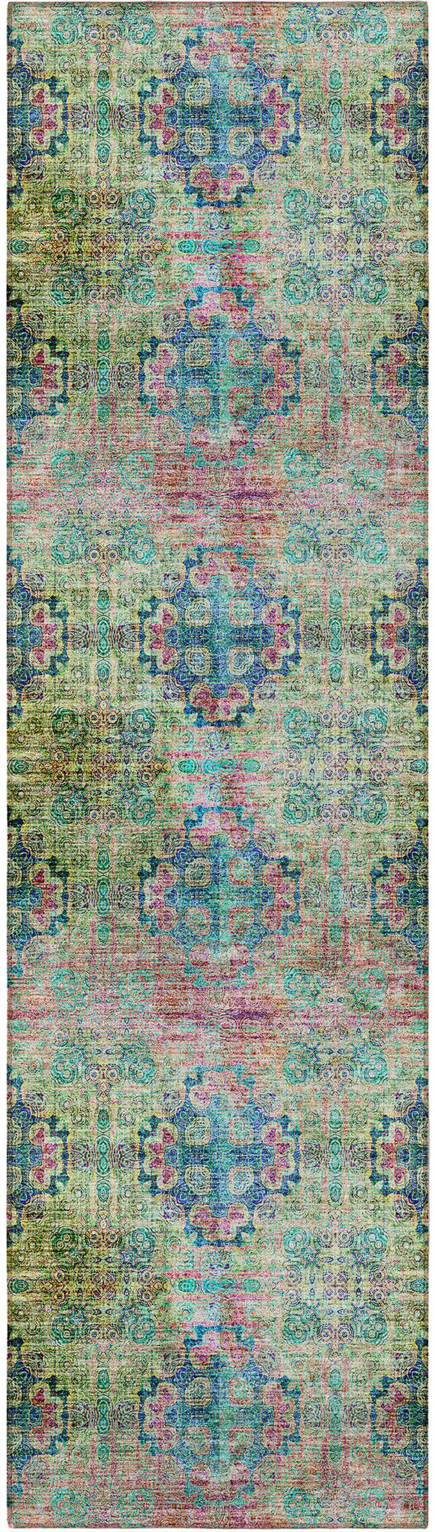 8' Runner Blue and Green Floral Medallion Washable Non Skid Indoor Outdoor Runner Rug Photo 2