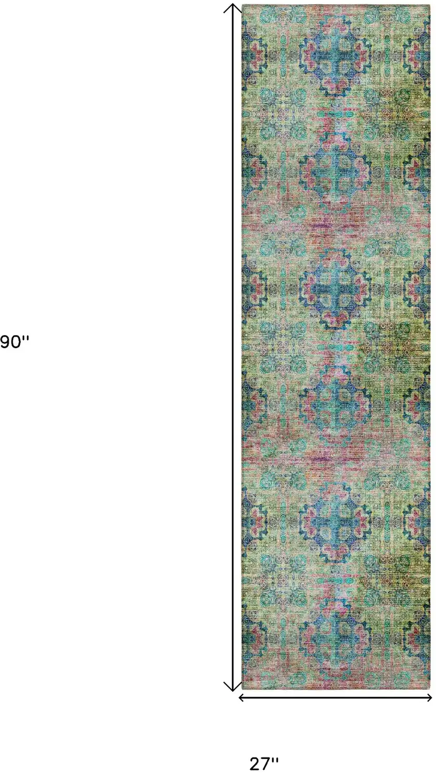 Blue and Green Floral Medallion Washable Non Skid Indoor Outdoor Runner Rug Photo 3