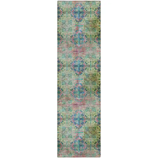 8' Runner Blue and Green Floral Medallion Washable Non Skid Indoor Outdoor Runner Rug Photo 1
