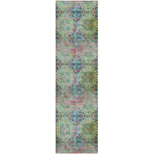 Photo of 8' Runner Blue and Green Floral Medallion Washable Non Skid Indoor Outdoor Runner Rug