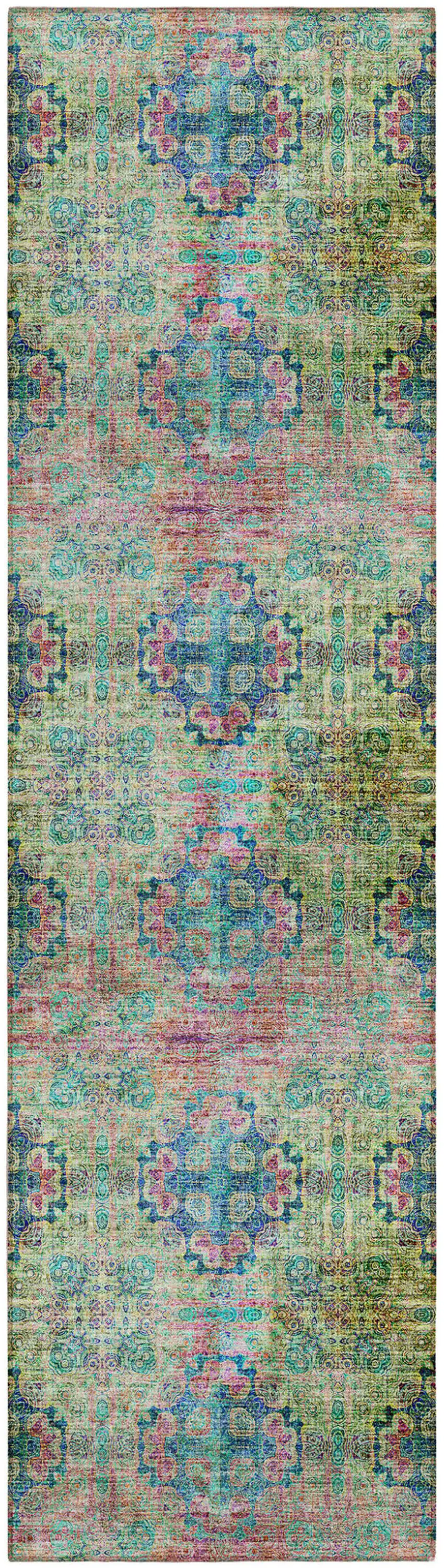 8' Runner Blue and Green Floral Medallion Washable Non Skid Indoor Outdoor Runner Rug Photo 1