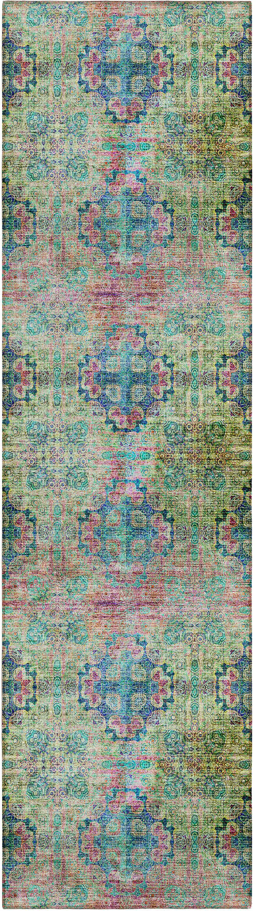 8' Runner Blue and Green Floral Medallion Washable Non Skid Indoor Outdoor Runner Rug Photo 1