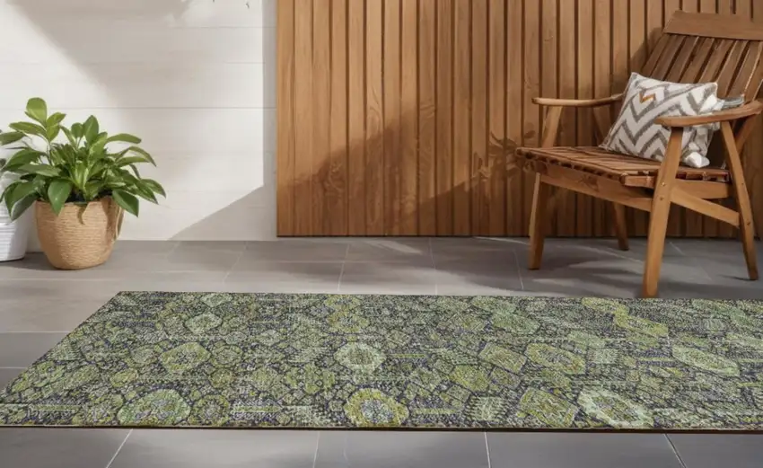 Blue and Green Floral Washable Non Skid Indoor Outdoor Runner Rug Photo 1