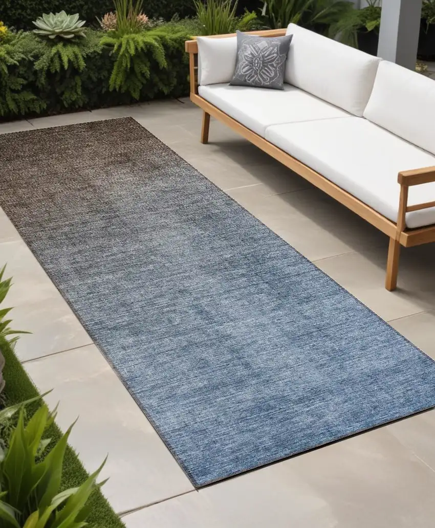 8' Runner Blue and Green Ombre Washable Non Skid Indoor Outdoor Runner Rug Photo 1