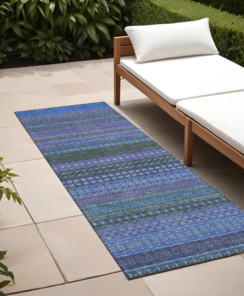 Blue and Green Striped Washable Indoor Outdoor Runner Rug Photo 1