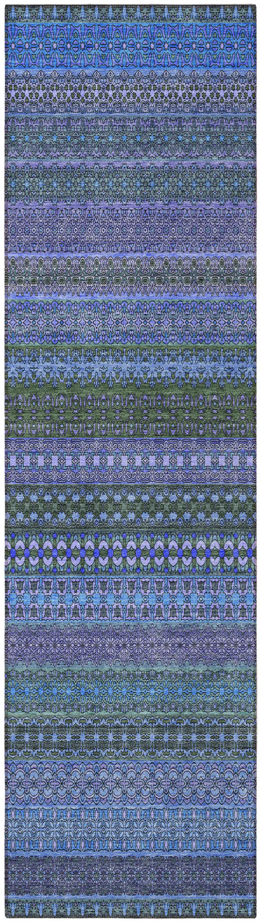 Blue and Green Striped Washable Indoor Outdoor Runner Rug Photo 4