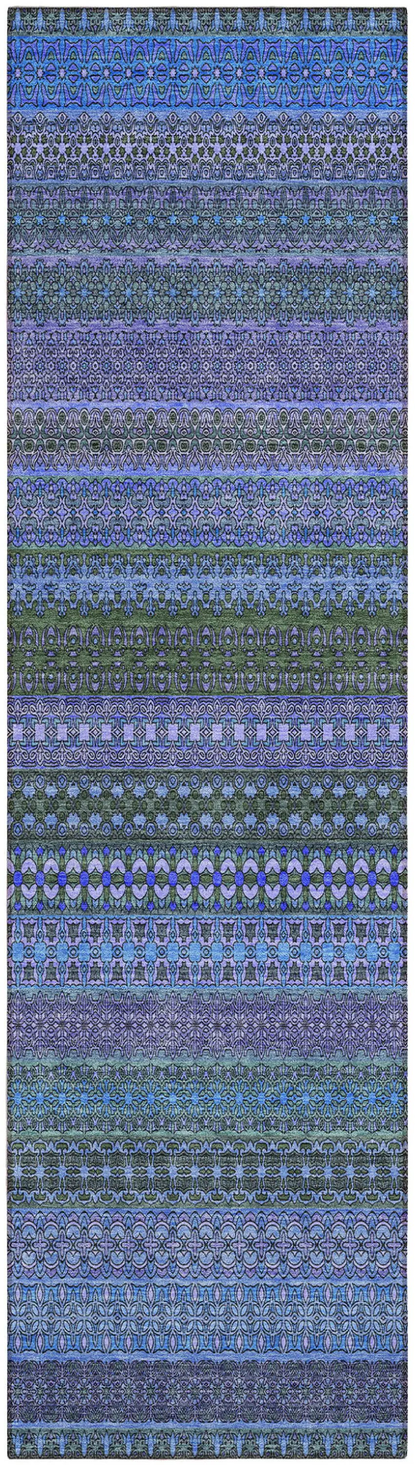 Blue and Green Striped Washable Indoor Outdoor Runner Rug Photo 2
