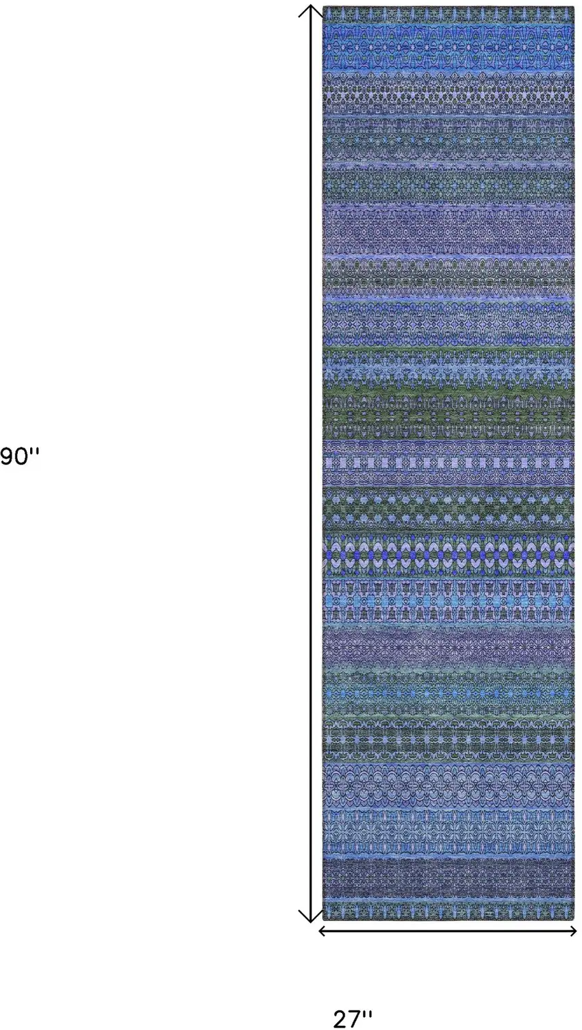 Blue and Green Striped Washable Indoor Outdoor Runner Rug Photo 3