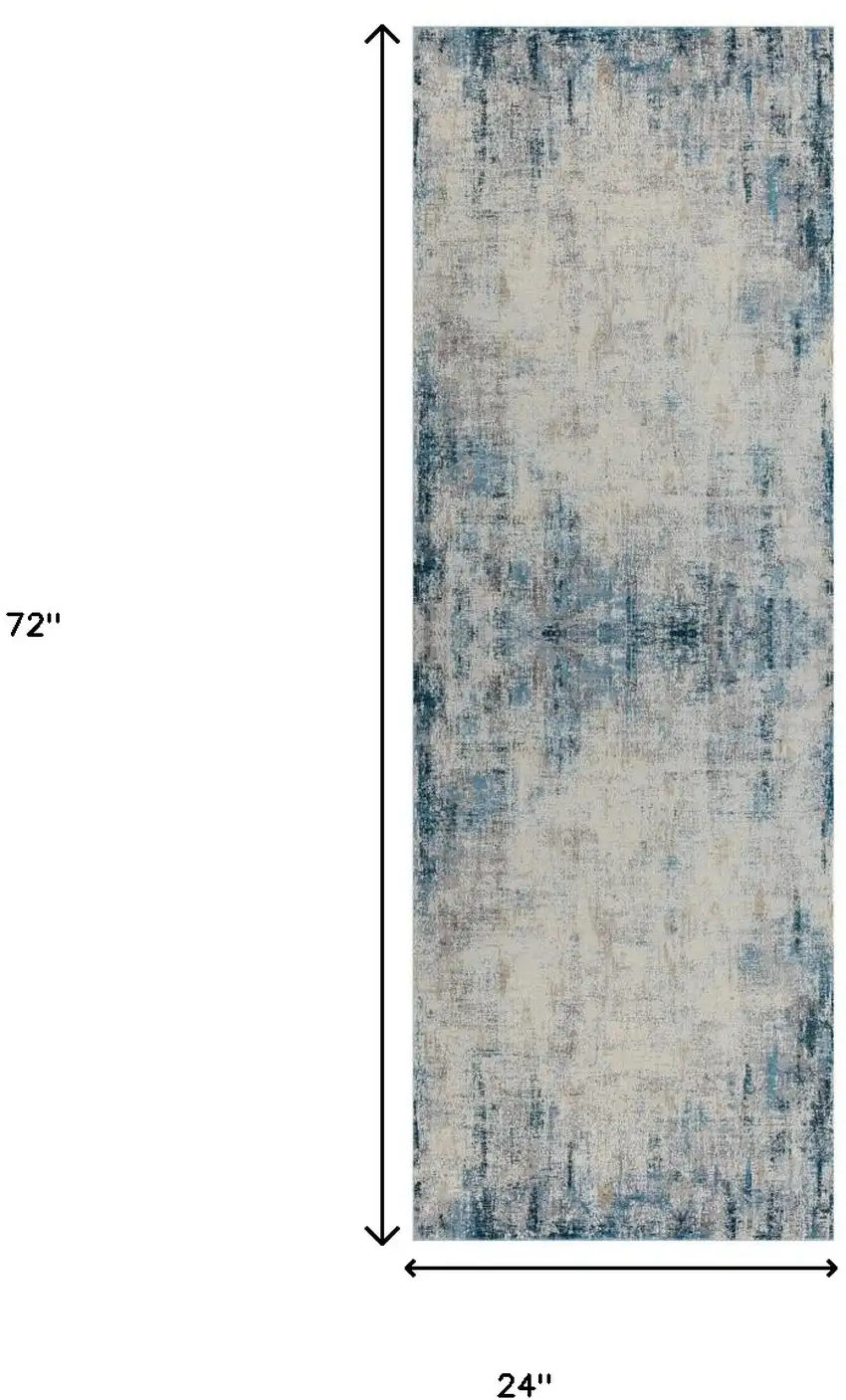 6' Runner Blue and Ivory Abstract Runner Rug Photo 3