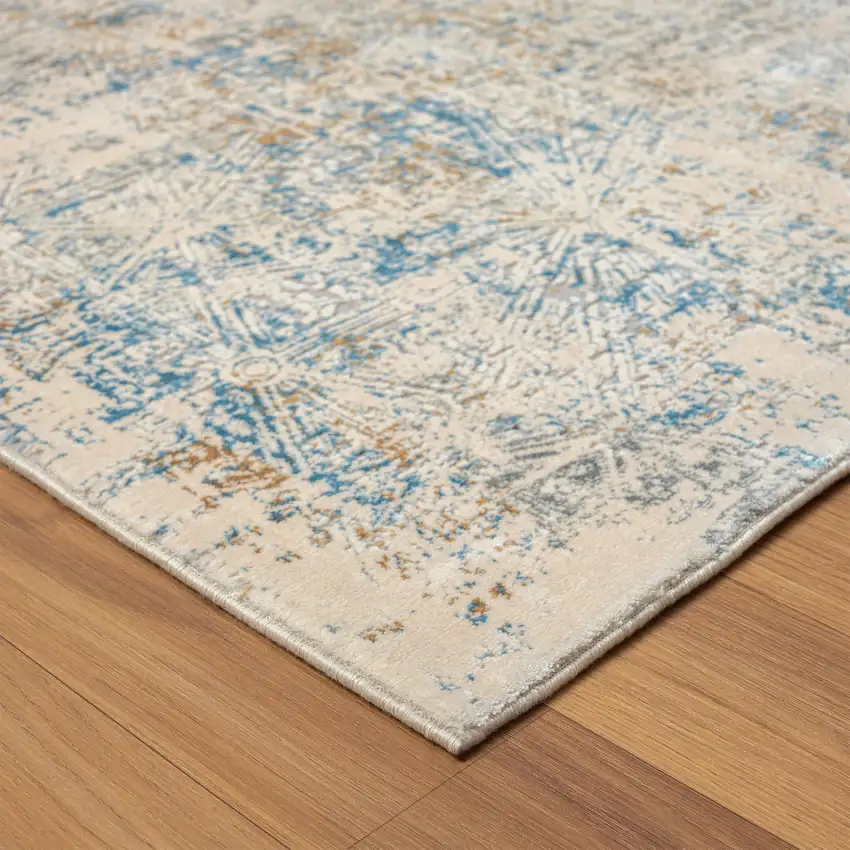 6' Runner Blue and Ivory Abstract Runner Rug Photo 8