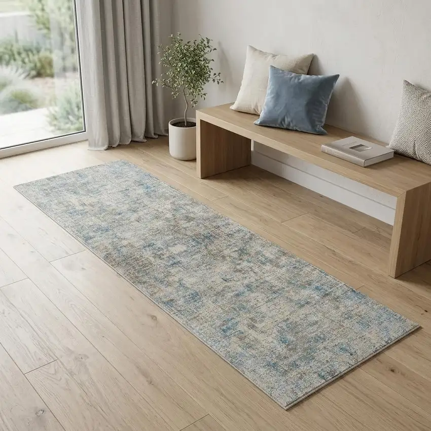 6' Blue And Ivory Abstract Runner Rug Photo 1