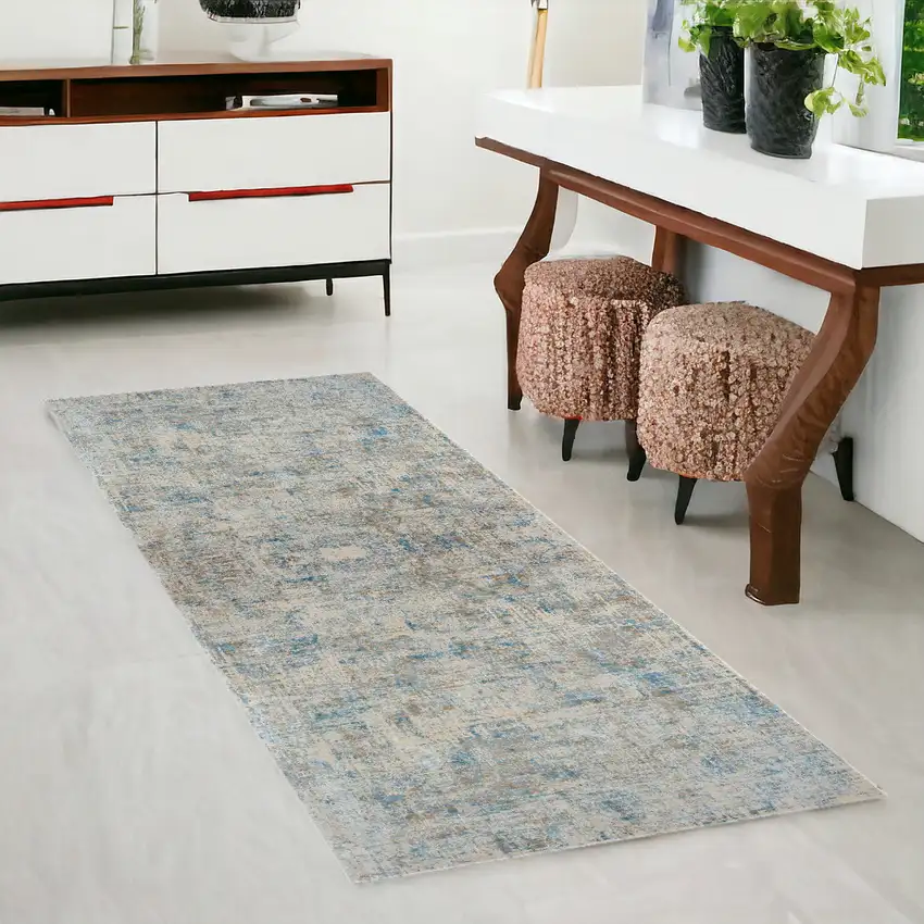 6' Runner Blue and Ivory Abstract Runner Rug Photo 1