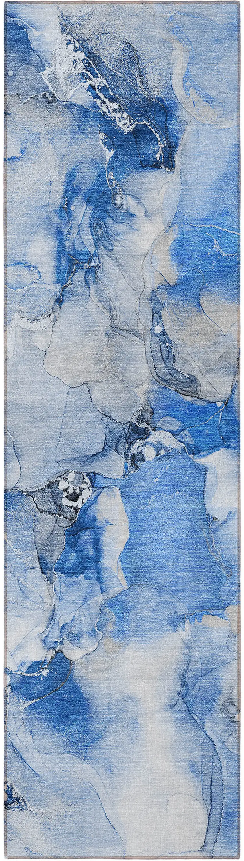 8' Runner Blue and Ivory Abstract Washable Non Skid Indoor Outdoor Runner Rug Photo 2