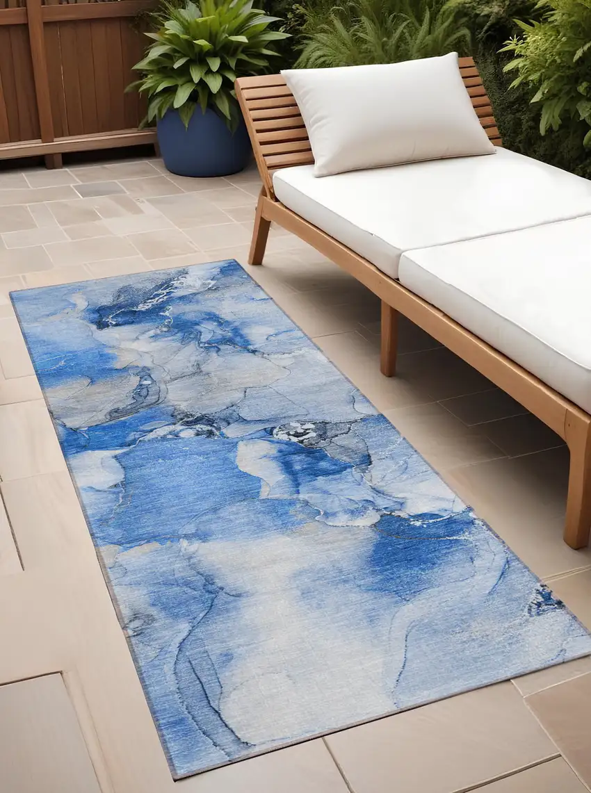 Navy Blue Abstract Washable Indoor Outdoor Runner Rug Photo 1