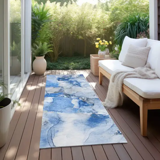 Navy Blue Abstract Washable Indoor Outdoor Runner Rug Photo 8
