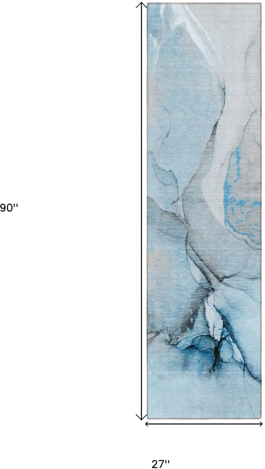 Blue and Ivory Abstract Washable Non Skid Indoor Outdoor Runner Rug Photo 3