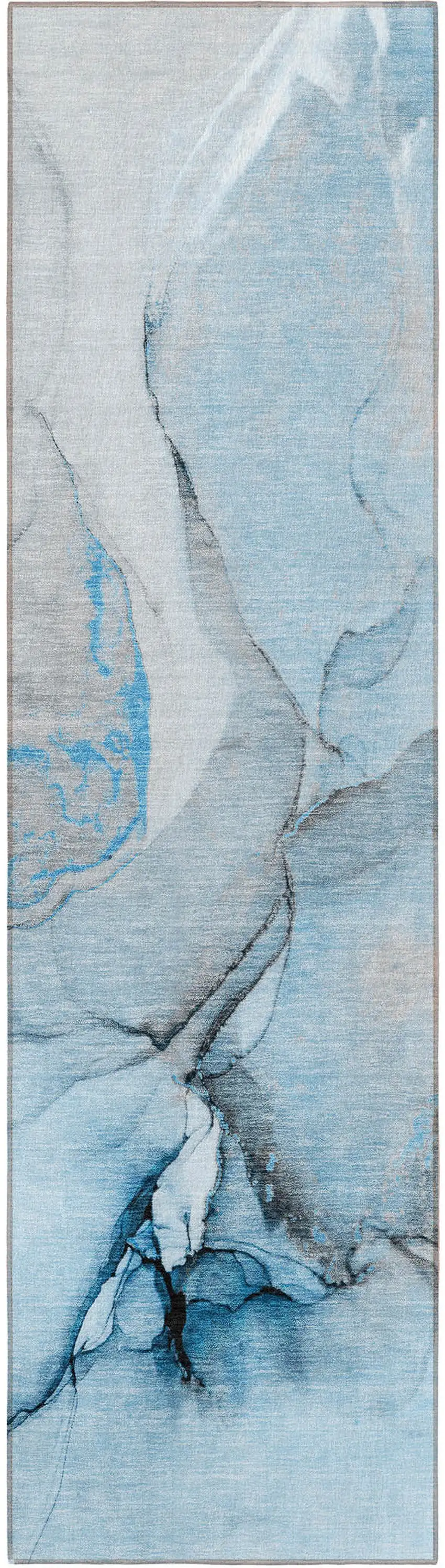 8' Runner Blue and Ivory Abstract Washable Non Skid Indoor Outdoor Runner Rug Photo 5