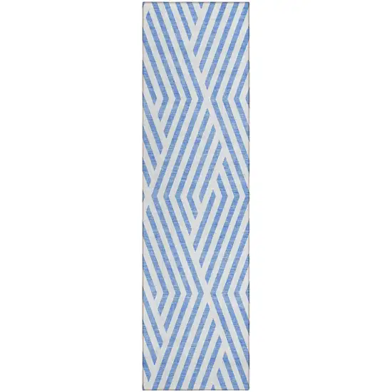 8' Runner Blue and Ivory Geometric Washable Non Skid Indoor Outdoor Runner Rug Photo 2