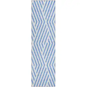Photo of 8' Runner Blue and Ivory Geometric Washable Non Skid Indoor Outdoor Runner Rug