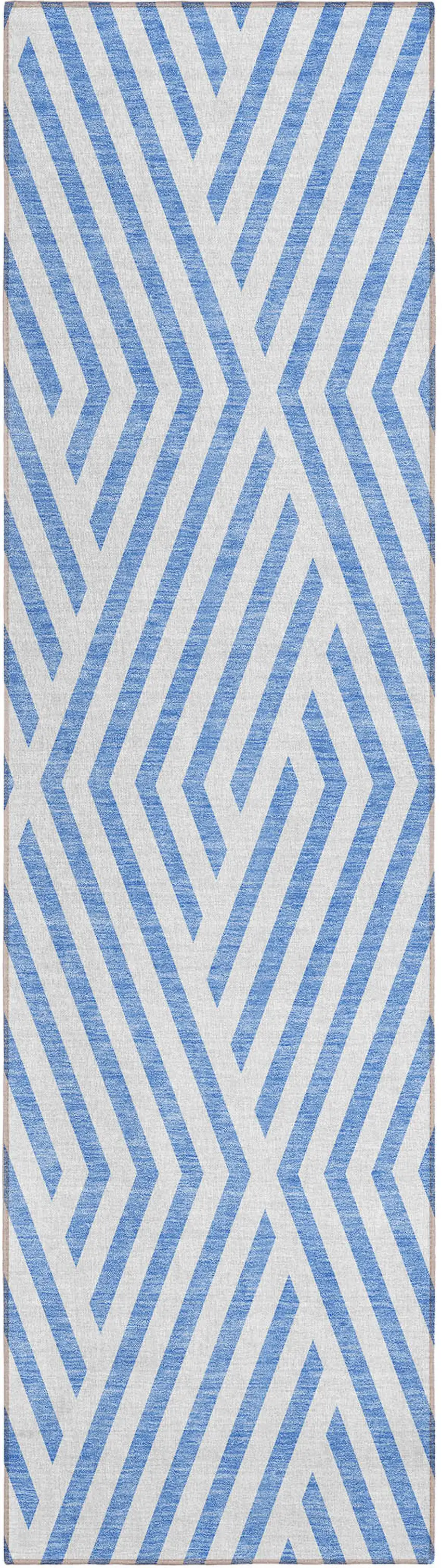8' Runner Blue and Ivory Geometric Washable Non Skid Indoor Outdoor Runner Rug Photo 2