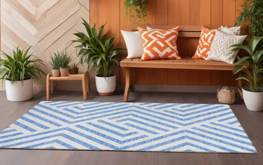 Blue and Ivory Geometric Washable Non Skid Indoor Outdoor Runner Rug Photo 1