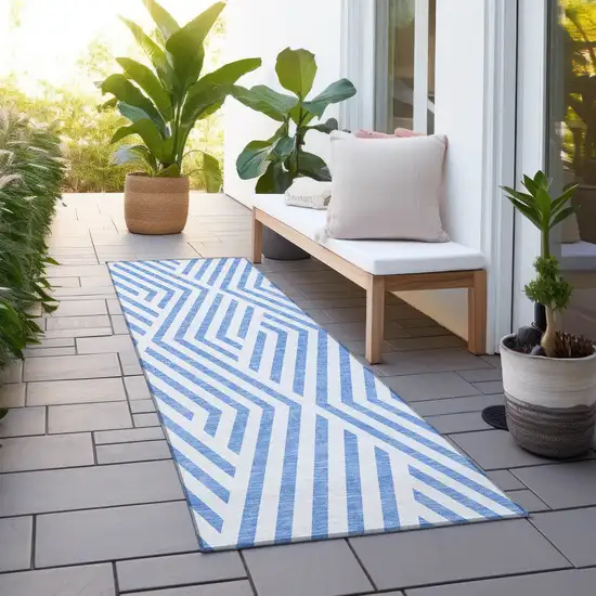 Blue and Ivory Geometric Washable Non Skid Indoor Outdoor Runner Rug Photo 8