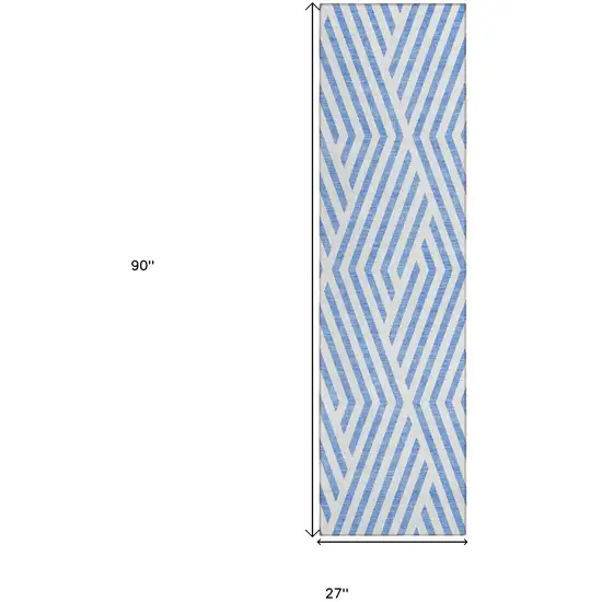 Blue and Ivory Geometric Washable Non Skid Indoor Outdoor Runner Rug Photo 3