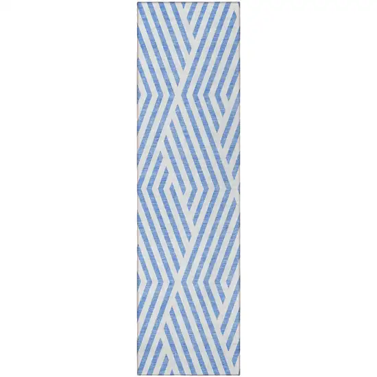 Blue and Ivory Geometric Washable Non Skid Indoor Outdoor Runner Rug Photo 4