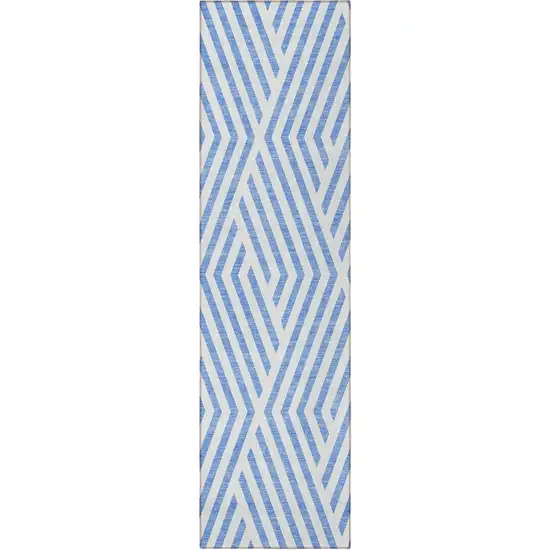 Blue and Ivory Geometric Washable Non Skid Indoor Outdoor Runner Rug Photo 4