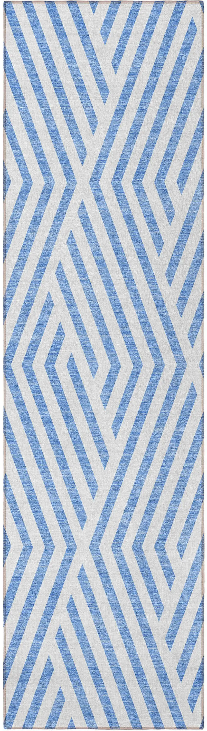 Blue and Ivory Geometric Washable Non Skid Indoor Outdoor Runner Rug Photo 4