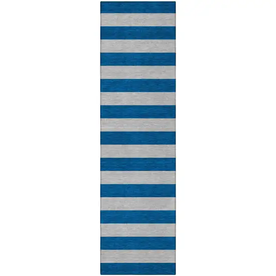 8' Runner Blue and Ivory Striped Washable Non Skid Indoor Outdoor Runner Rug Photo 4