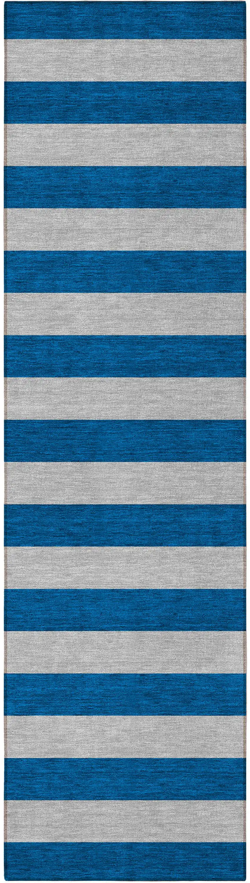 8' Runner Blue and Ivory Striped Washable Non Skid Indoor Outdoor Runner Rug Photo 4
