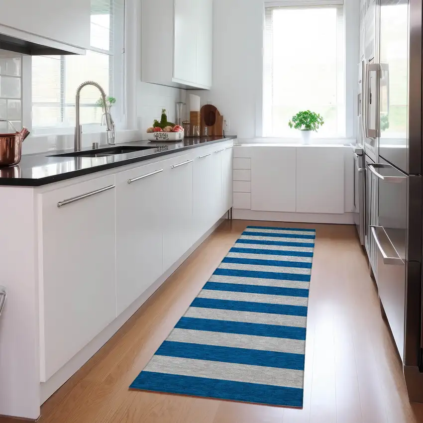8' Runner Blue and Ivory Striped Washable Non Skid Indoor Outdoor Runner Rug Photo 9