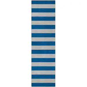 Photo of 8' Runner Blue and Ivory Striped Washable Non Skid Indoor Outdoor Runner Rug