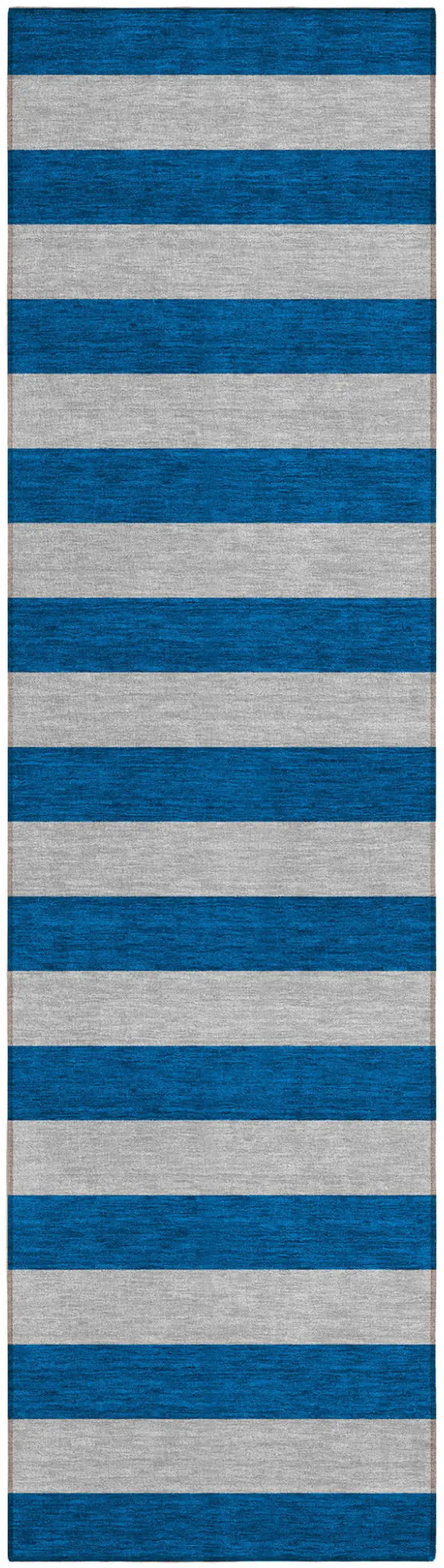 Blue and Ivory Striped Washable Non Skid Indoor Outdoor Runner Rug Photo 2