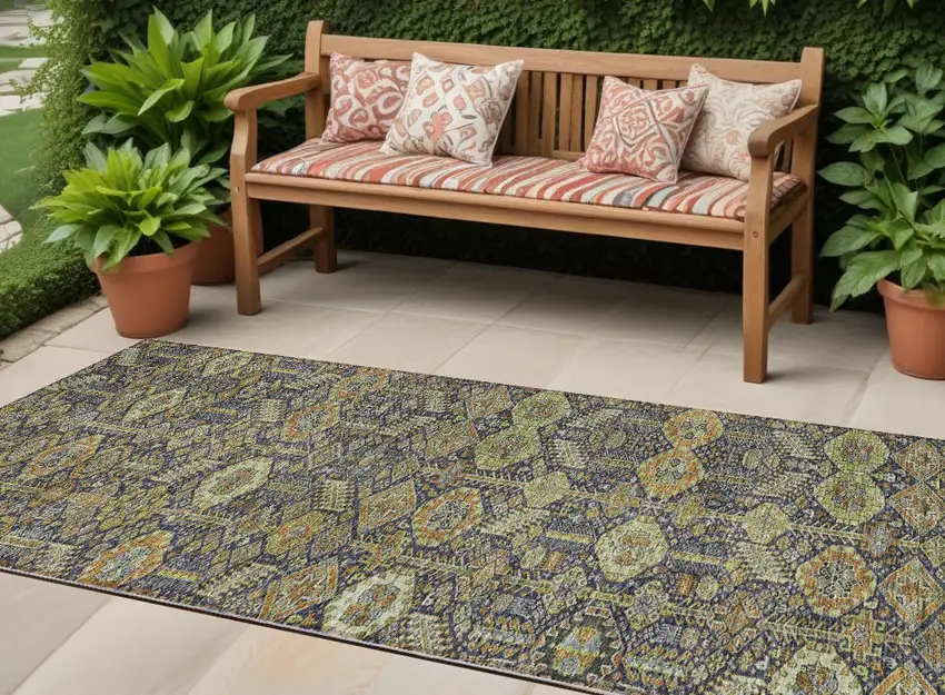 8' Runner Blue and Orange Floral Washable Non Skid Indoor Outdoor Runner Rug Photo 1