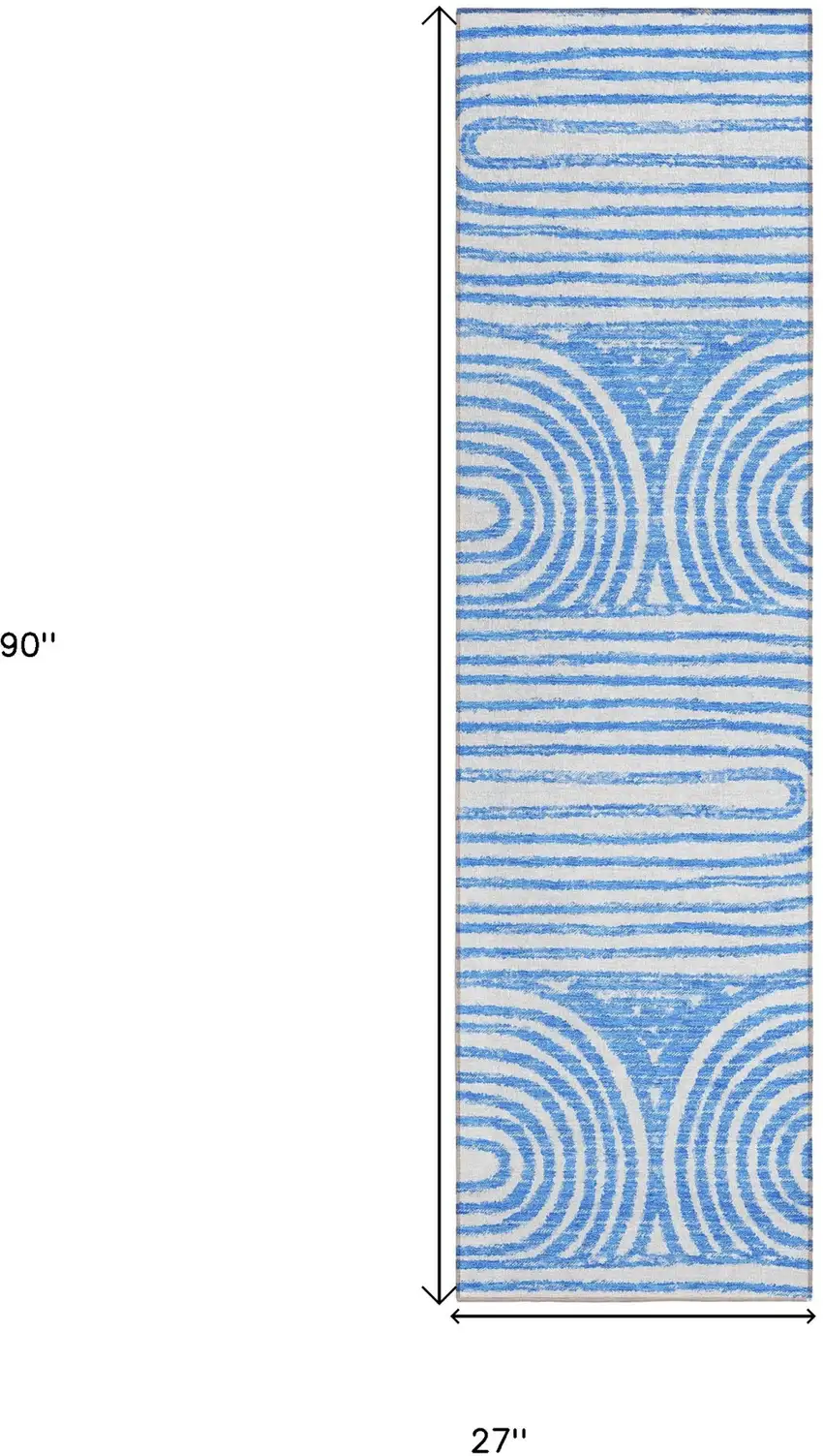 Blue and White Abstract Washable Non Skid Indoor Outdoor Runner Rug Photo 3