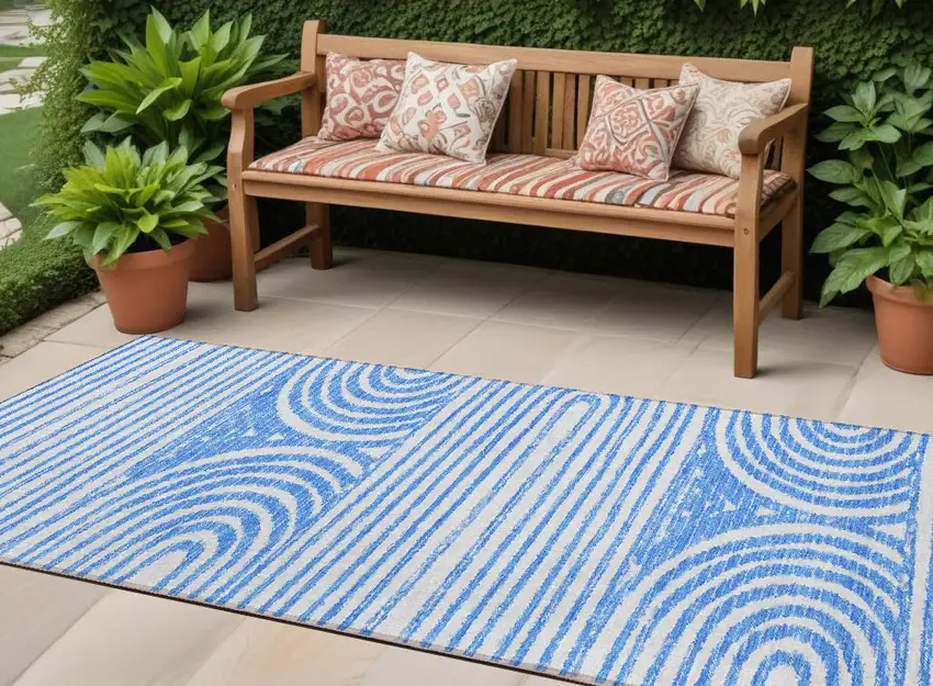 Blue and White Abstract Washable Non Skid Indoor Outdoor Runner Rug Photo 1