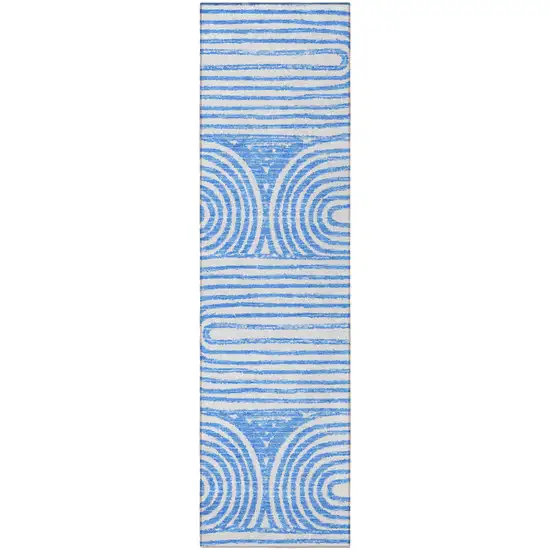 8' Runner Blue and White Abstract Washable Non Skid Indoor Outdoor Runner Rug Photo 4