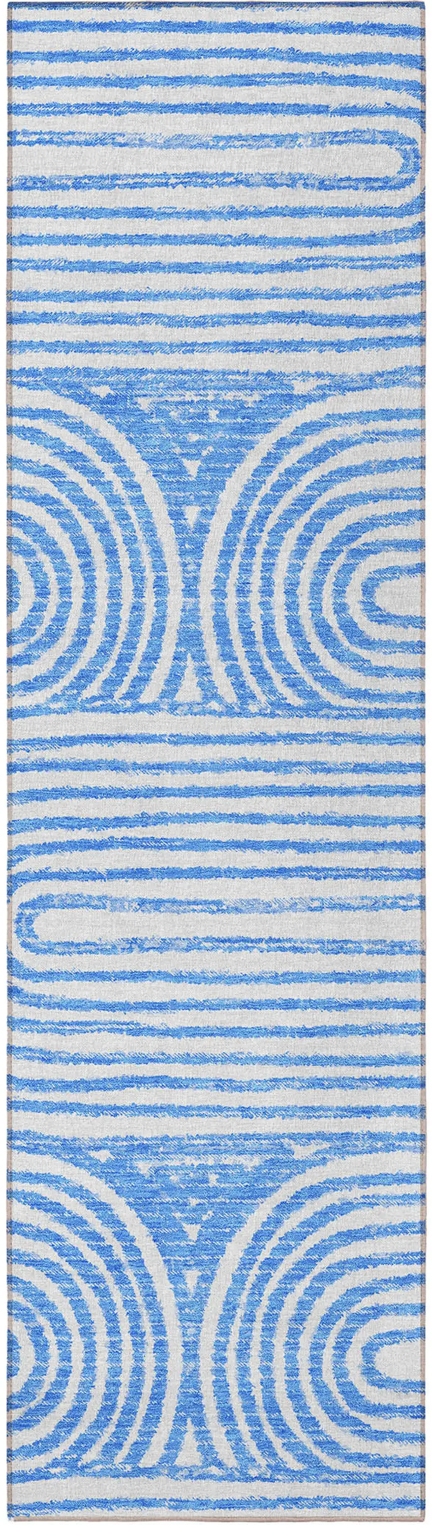 8' Runner Blue and White Abstract Washable Non Skid Indoor Outdoor Runner Rug Photo 4
