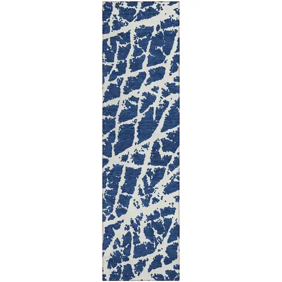 Blue and White Abstract Washable Non Skid Indoor Outdoor Runner Rug Photo 2