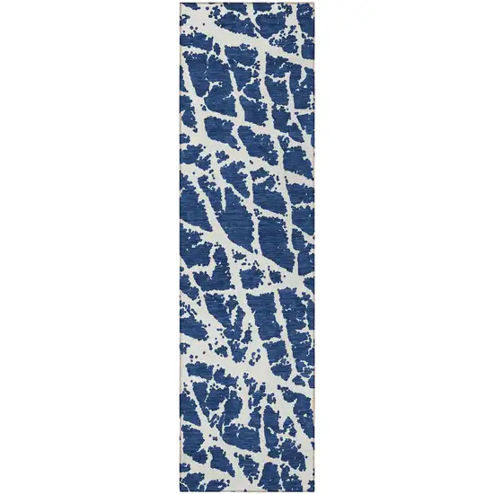 Blue and White Abstract Washable Non Skid Indoor Outdoor Runner Rug Photo 4
