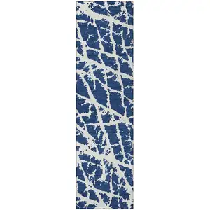 Photo of 8' Runner Blue and White Abstract Washable Non Skid Indoor Outdoor Runner Rug