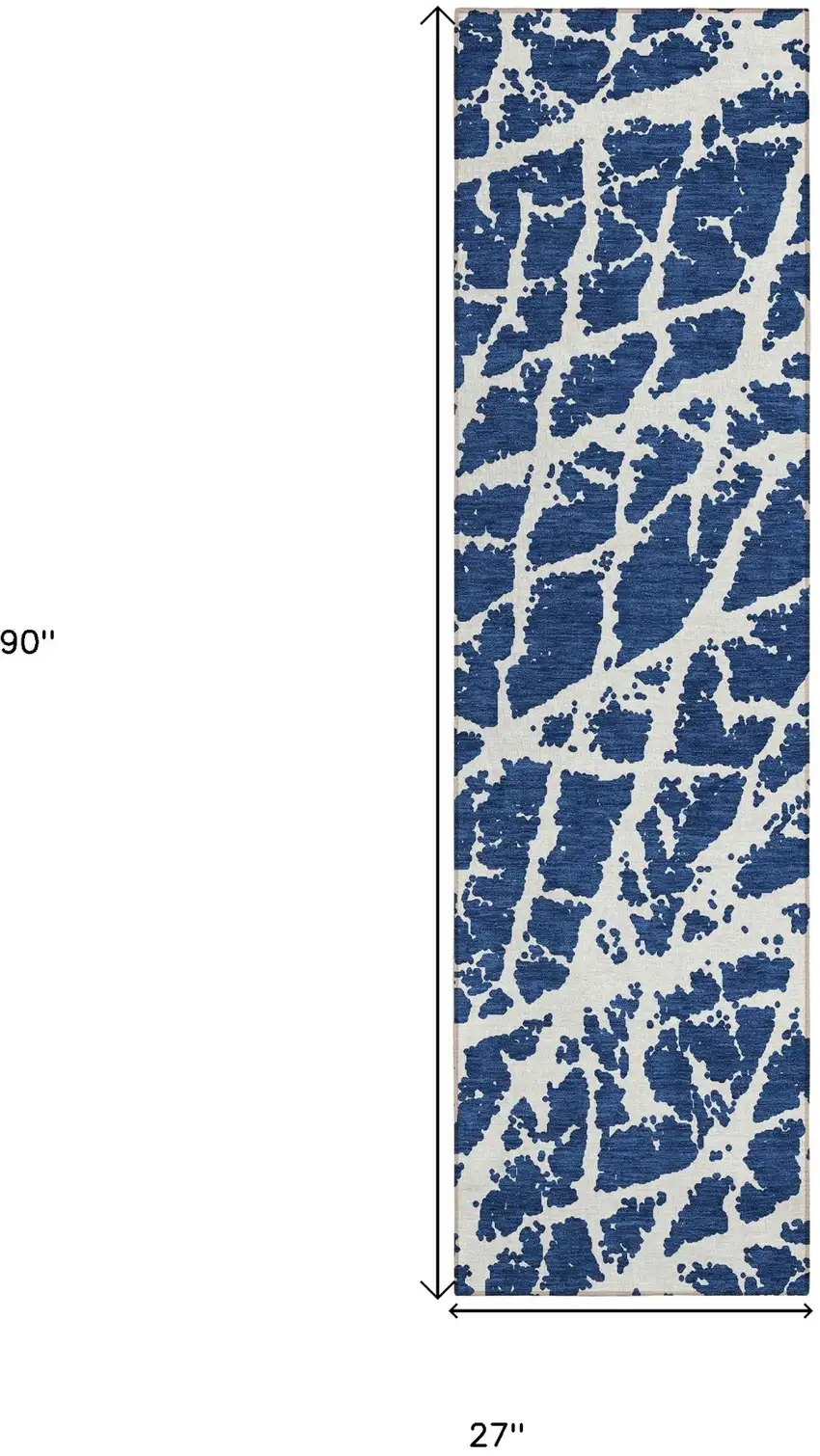 Blue and White Abstract Washable Non Skid Indoor Outdoor Runner Rug Photo 3