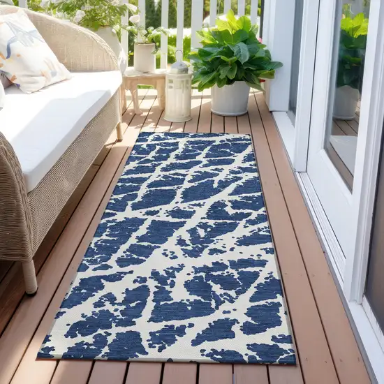 Blue and White Abstract Washable Non Skid Indoor Outdoor Runner Rug Photo 8