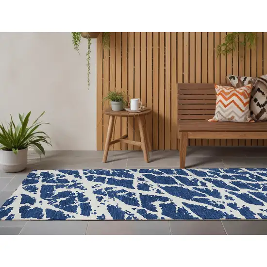 Blue and White Abstract Washable Non Skid Indoor Outdoor Runner Rug Photo 1