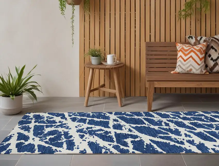 Blue and White Abstract Washable Non Skid Indoor Outdoor Runner Rug Photo 1